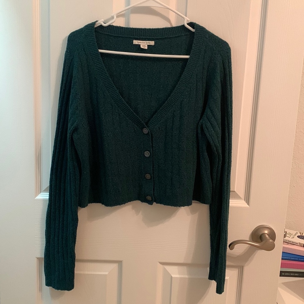 American Eagle Cropped Green Cardigan